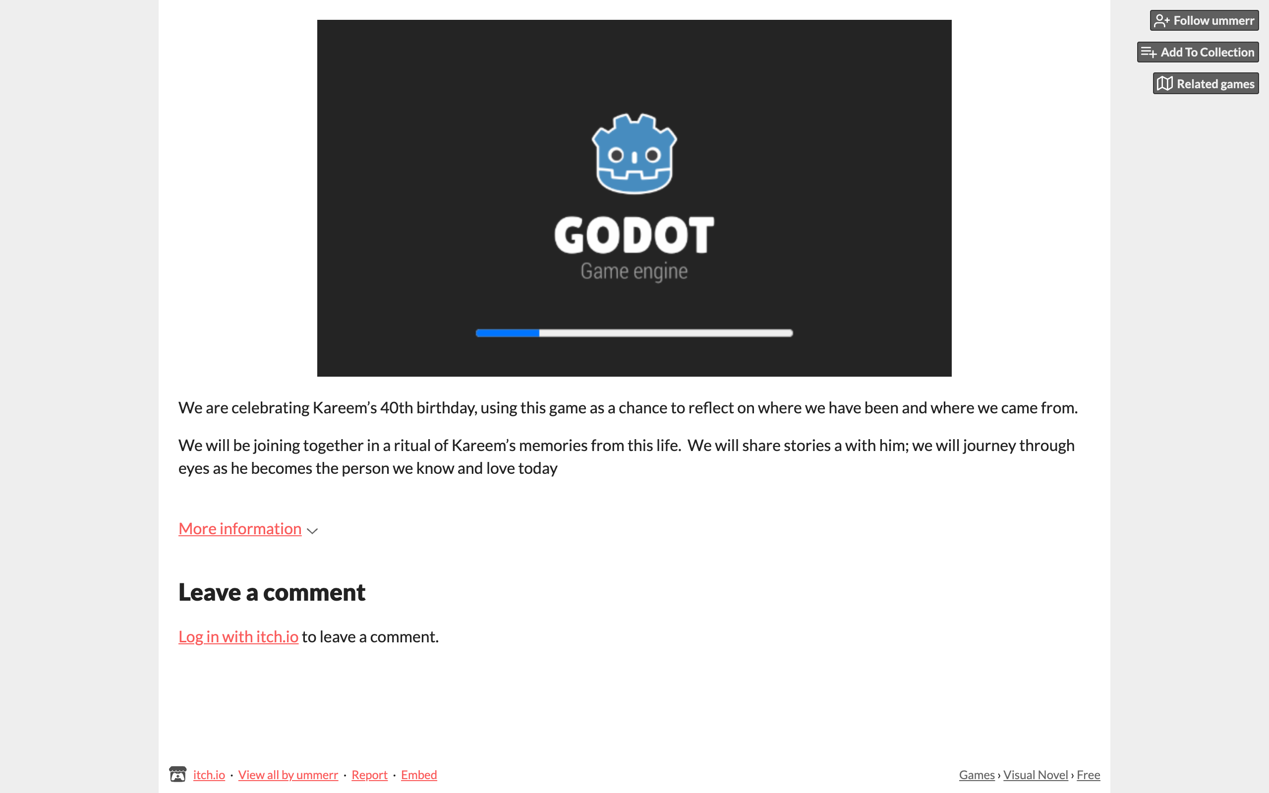 kareemrpg on itch.io — a Godot game loading, above a note about celebrating Kareem's 40th birthday
